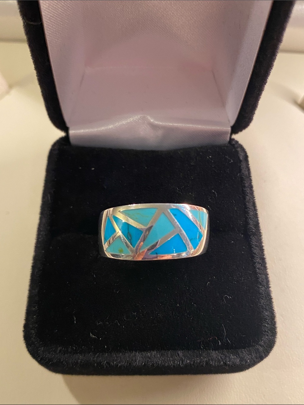 Vintage Sterling Silver Genuine Turquoise Mosaic Inlay Ring Size 8.5